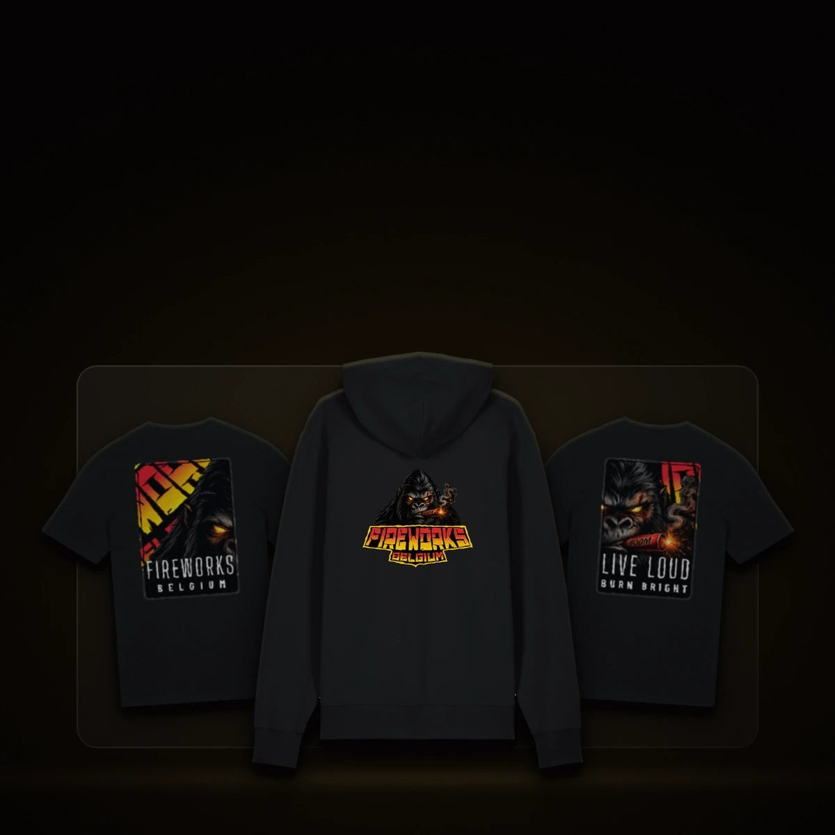 Fireworks Belgium Merch: schwarzer Hoodie und zwei schwarze T-Shirts mit Logo