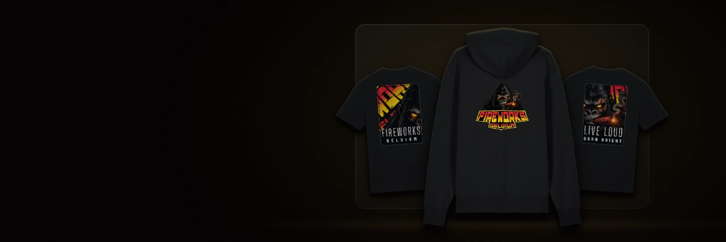 Fireworks Belgium Merch: schwarzer Hoodie und zwei schwarze T-Shirts mit Logo